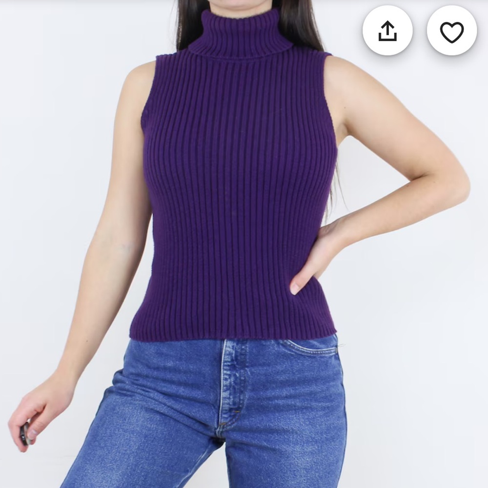 Vintage 90’S RALPH LAUREN Purple Ribbed Turtleneck Top Sleeveless Tank SZ Medium